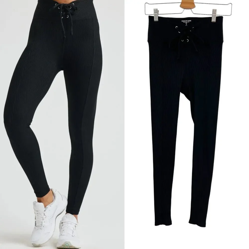 Year of Ours Ribbed Football Leggings Lace-Up Waist Black Size‎ Small